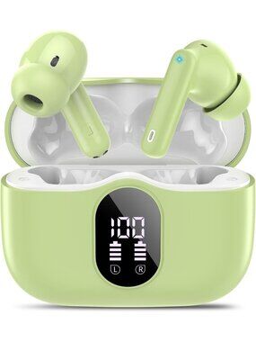 Wireless Grass Green Bass Stereo Noise Cancelling LED Display Bluetooth Earbud